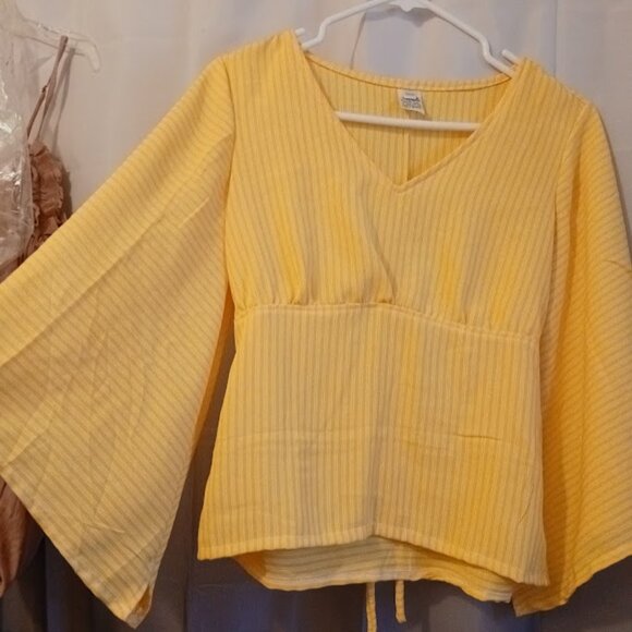 Nwt V-neck Empire waist Blouse women P Sunny Yellow White Long bell sleeve top - Picture 4 of 7